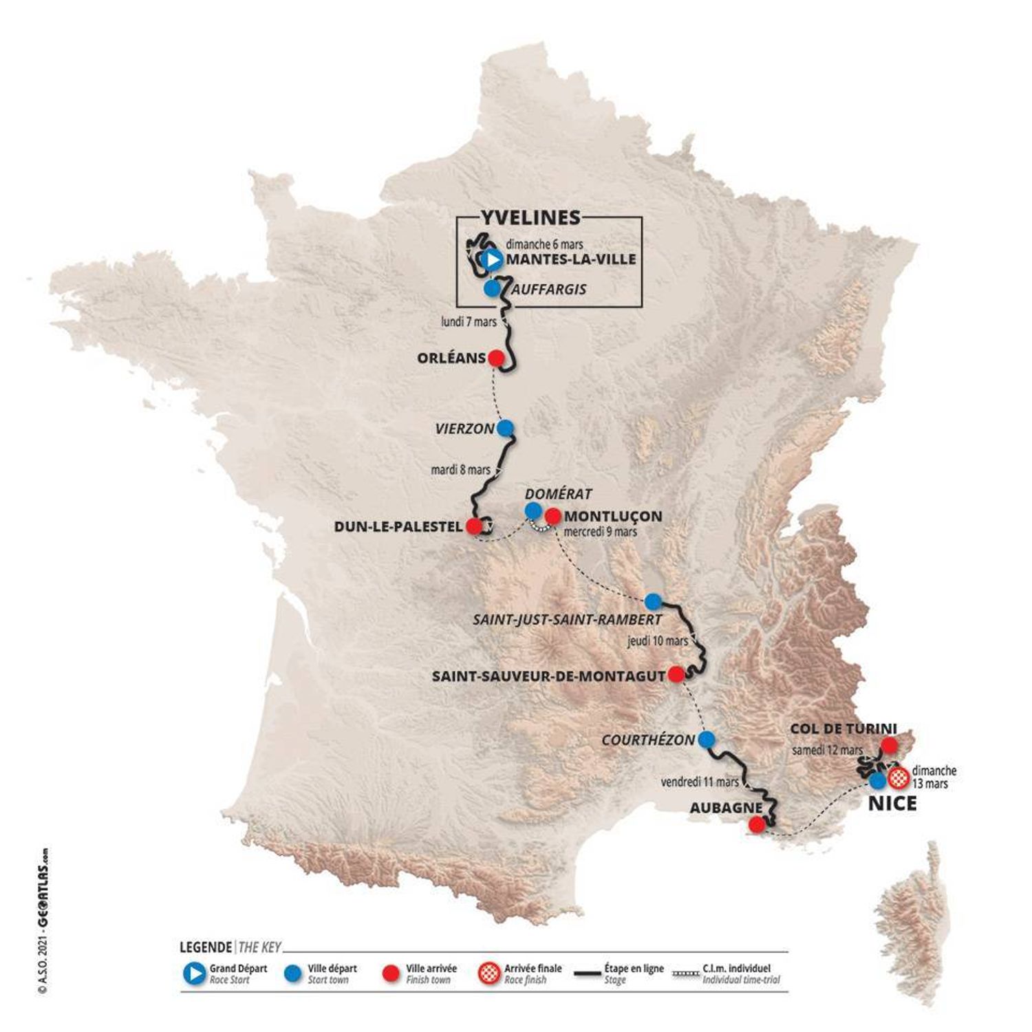 Le tracé de Paris - Nice 2022, avec des chances de victoires pour les coureurs Bretons.